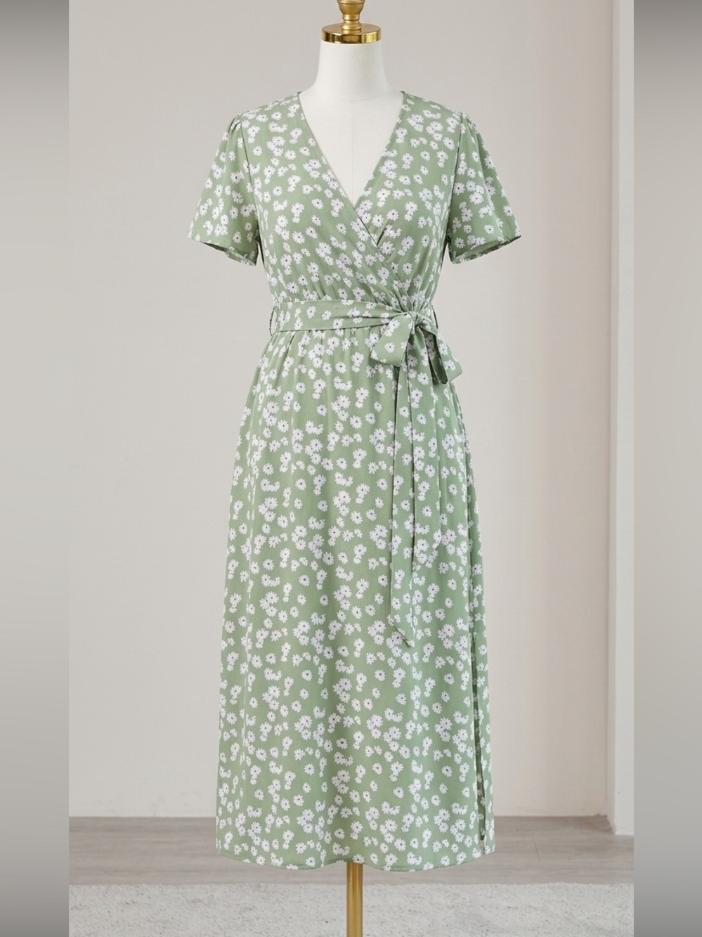 Green Floral Wrap Dress Plus Size 4XL Flutter Sleeve V-Neck Belt A-Line Dress